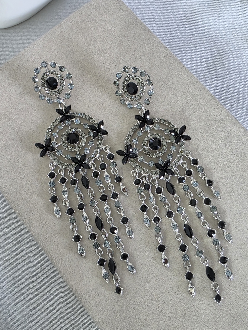 Dramatic Black & Silver Rhinestone Chandelier Tassel Statement Earrings